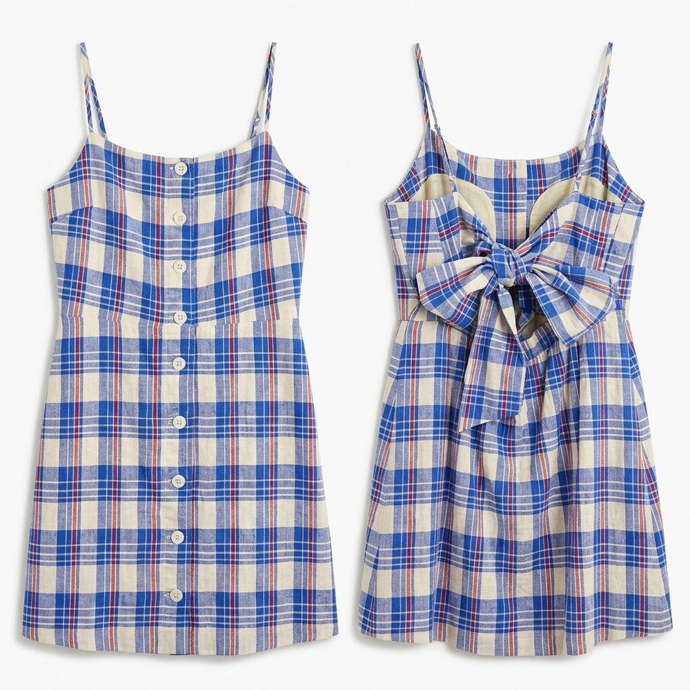 GAP Linen Blend Plaid Mini Sundress Blue Tie Back Button Front Womens Medium